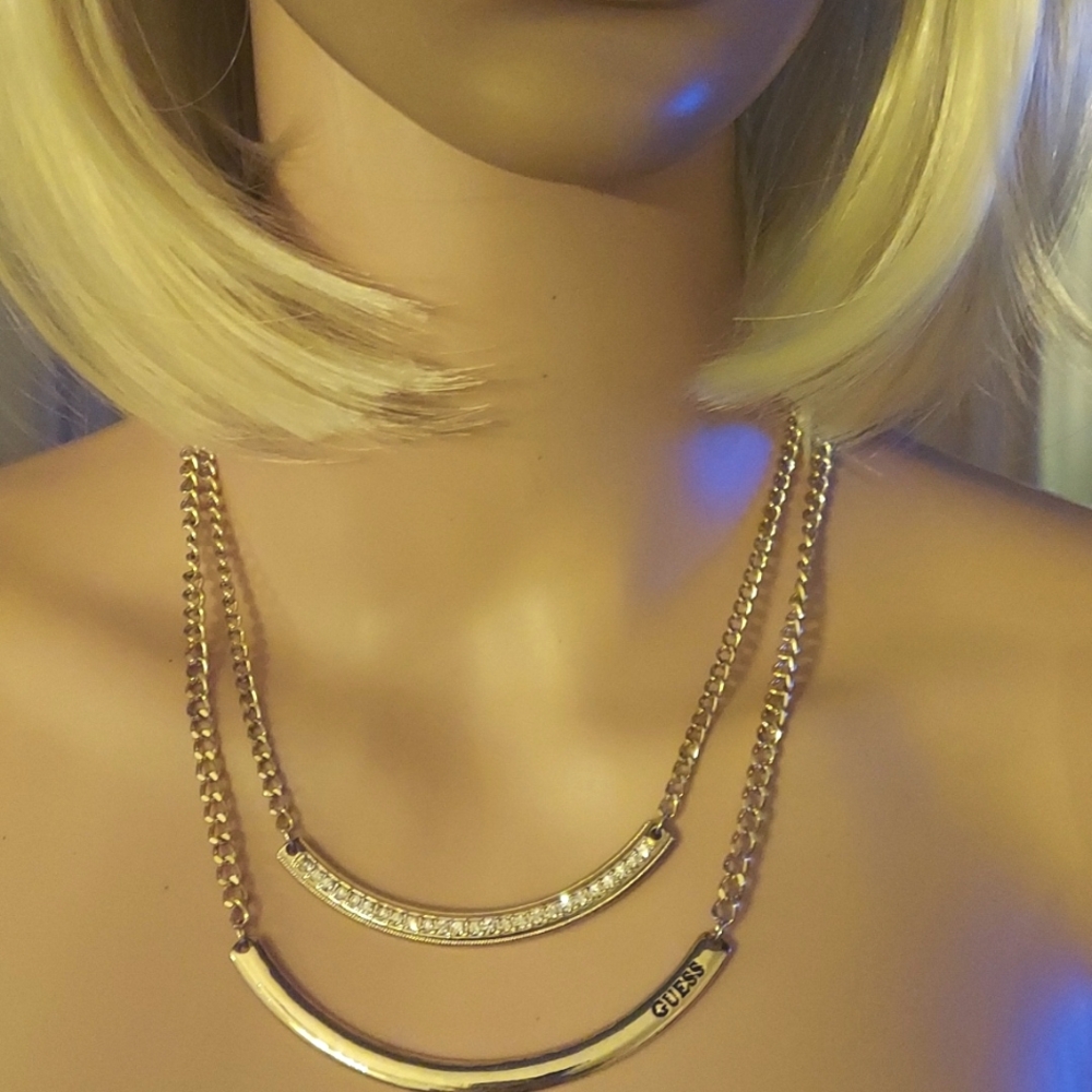 Guess EUC+ Double Layer Gold Toned Necklace w Rhinestone Accents - Picture 2 of 4